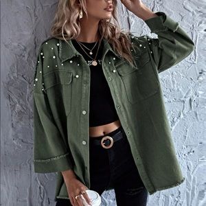 SHEIN Drop Shoulder Pearls Beaded Raw Hem Coat